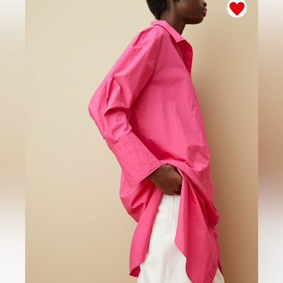 H&M Hot Pink Magenta Barbie Cotton Collared Button Down Tunic Shirt - Picture 3 of 6